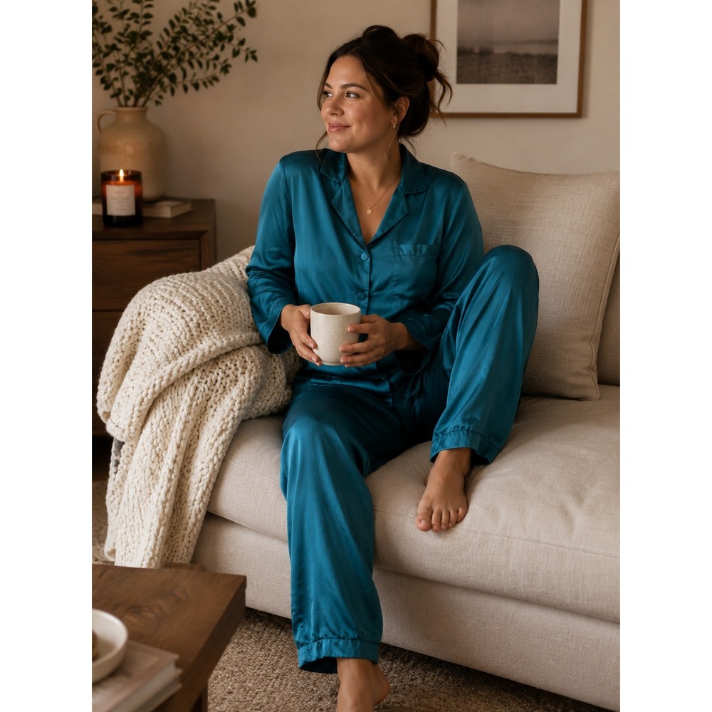 Lilysilk Pajama Set Womens XS Teal Mulberry Silk Satin Long Sleeve Button Down